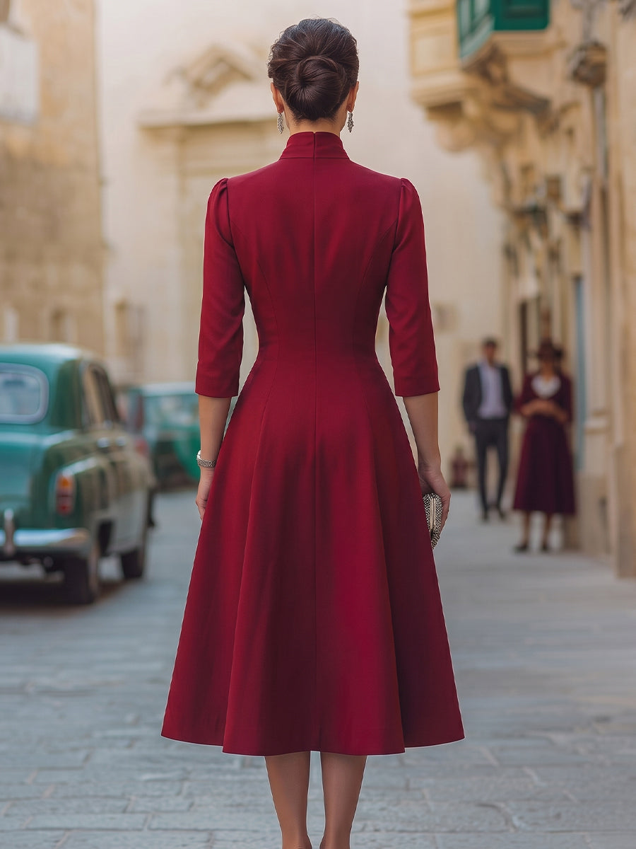 Pilar | Vestido Midi Rojo con Cuello de Lazo
