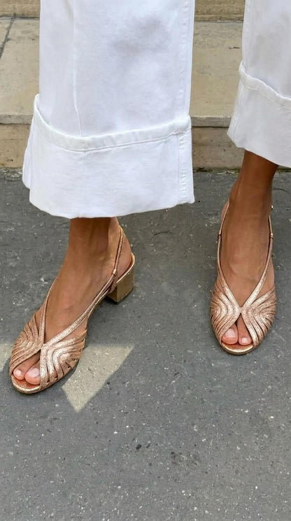 Zapatos de Tacón de Bloque Slingback Peep Toe Trenzados Metalizados Oro Rosa
