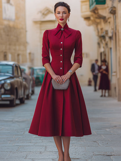 Pilar | Vestido Midi Rojo con Cuello de Lazo