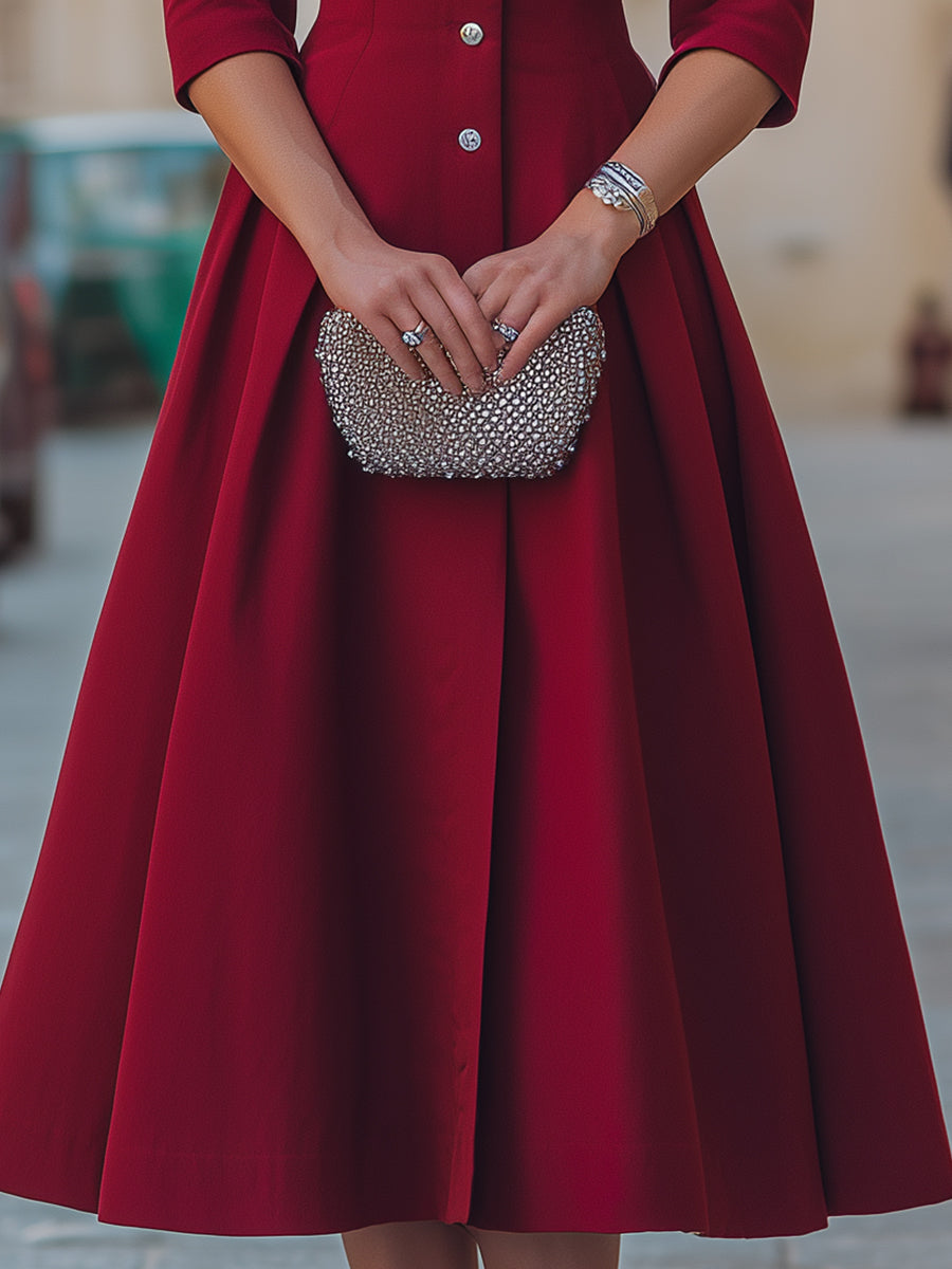 Pilar | Vestido Midi Rojo con Cuello de Lazo