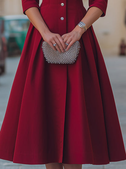 Pilar | Vestido Midi Rojo con Cuello de Lazo