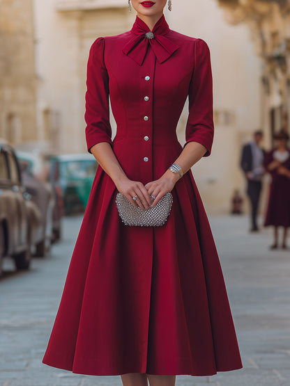 Pilar | Vestido Midi Rojo con Cuello de Lazo