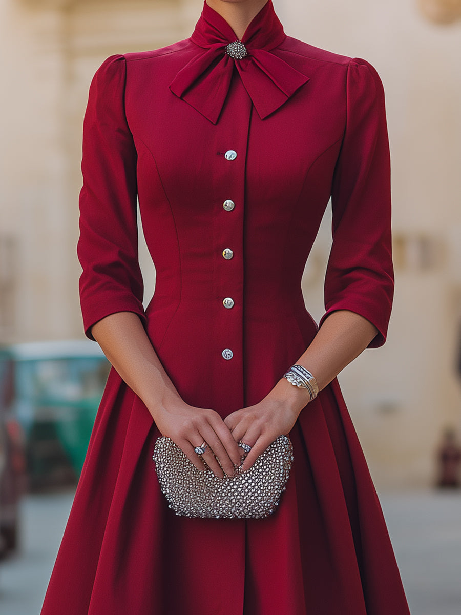 Pilar | Vestido Midi Rojo con Cuello de Lazo