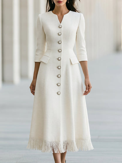 Concha | Vestido Midi de Flecos con Botones de Perla