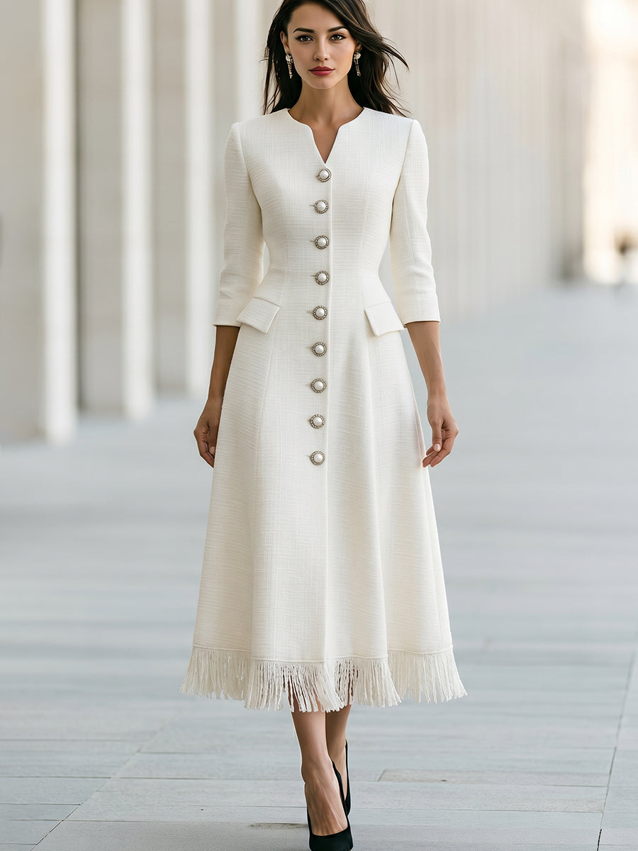 Concha | Vestido Midi de Flecos con Botones de Perla