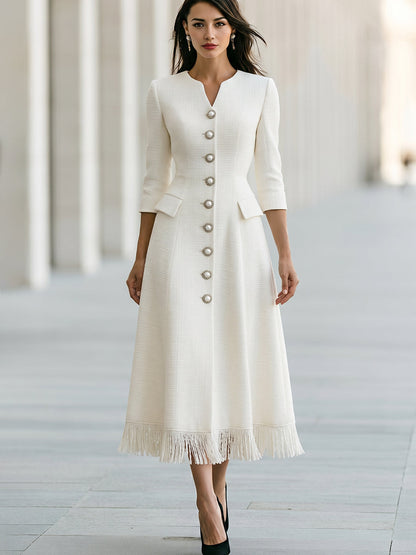 Concha | Vestido Midi de Flecos con Botones de Perla