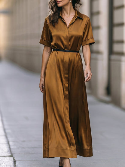 Teresa | Vestido Largo Camisero de Satén con Cinturón