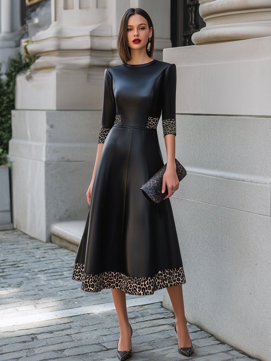Nuria | Vestido Midi de Piel Sintética con Ribete Leopardo