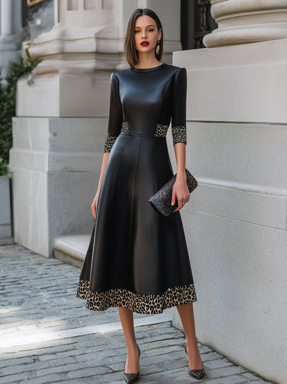 Nuria | Vestido Midi de Piel Sintética con Ribete Leopardo