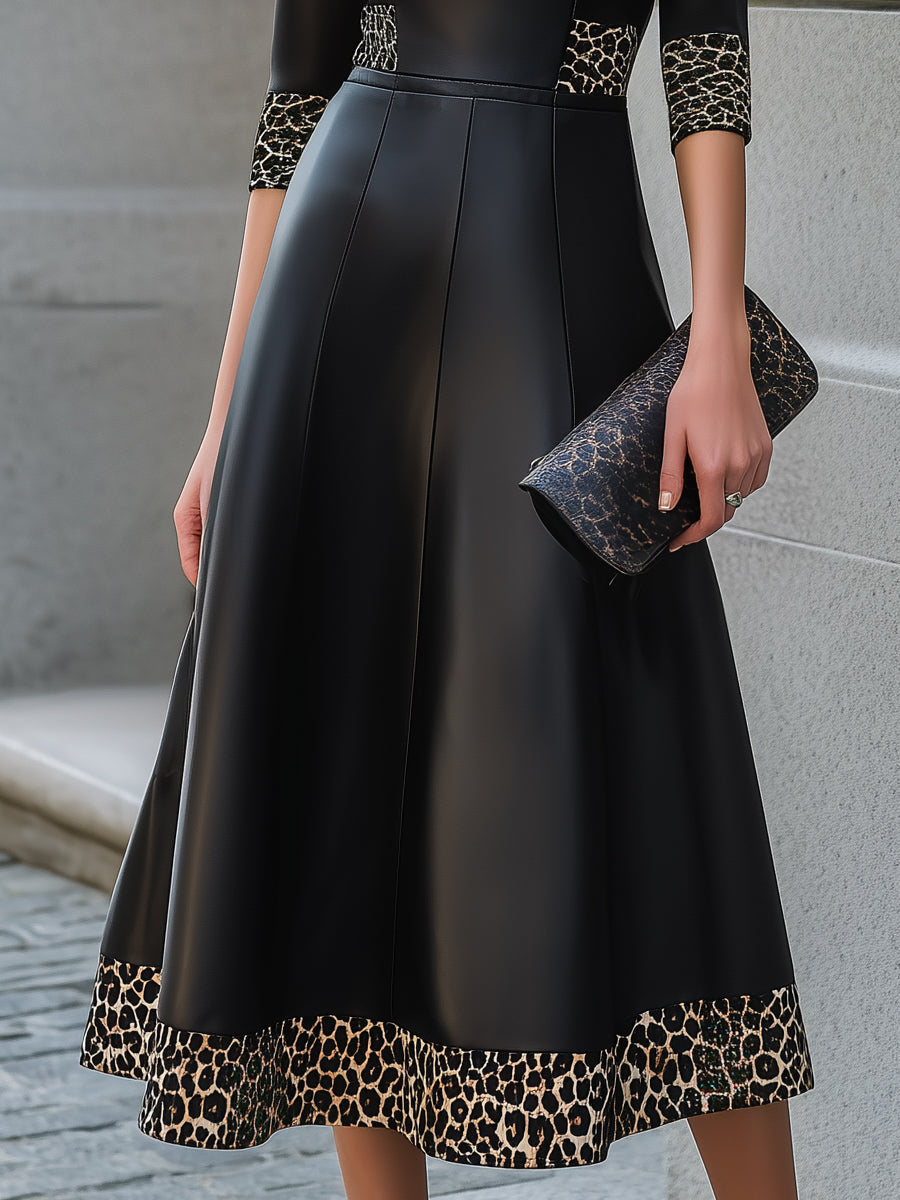 Nuria | Vestido Midi de Piel Sintética con Ribete Leopardo