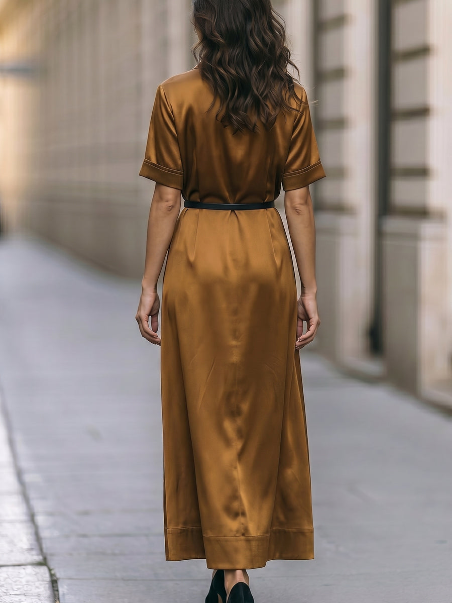 Teresa | Vestido Largo Camisero de Satén con Cinturón