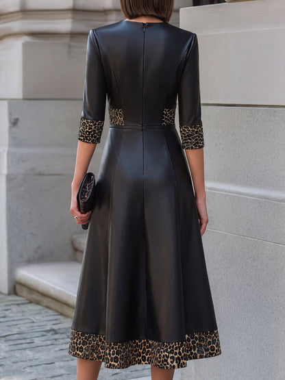 Nuria | Vestido Midi de Piel Sintética con Ribete Leopardo
