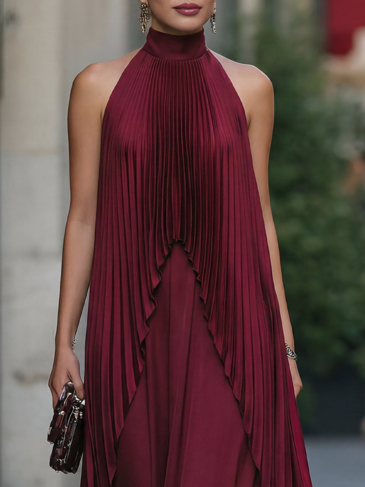 Aurora | Vestido Largo Halter con Sobrefalda Plisada