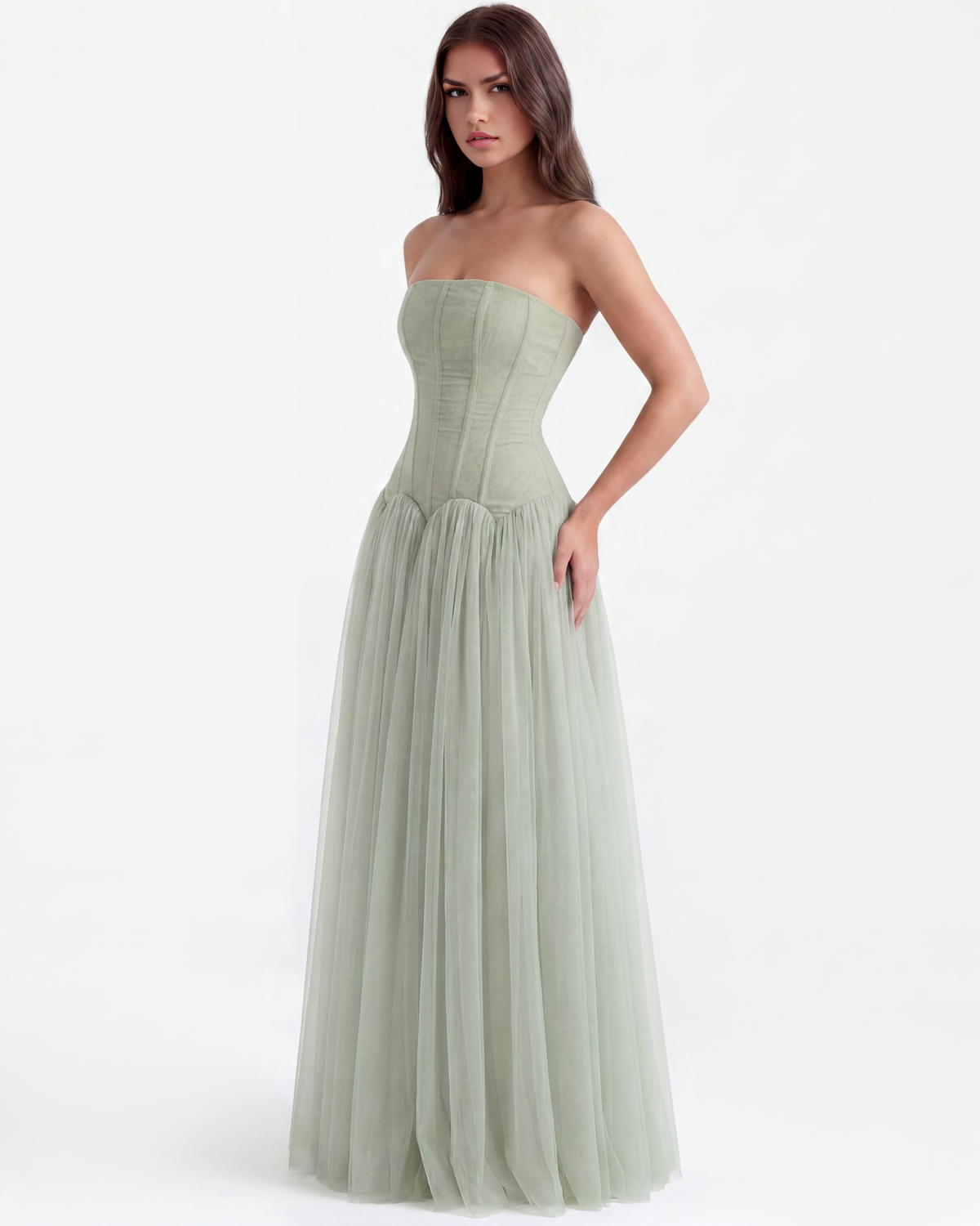 Vestido largo palabra de honor con corsé