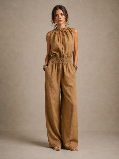 Zenaide | Mono Camel con Escote Alto Anudado y Pierna Ancha
