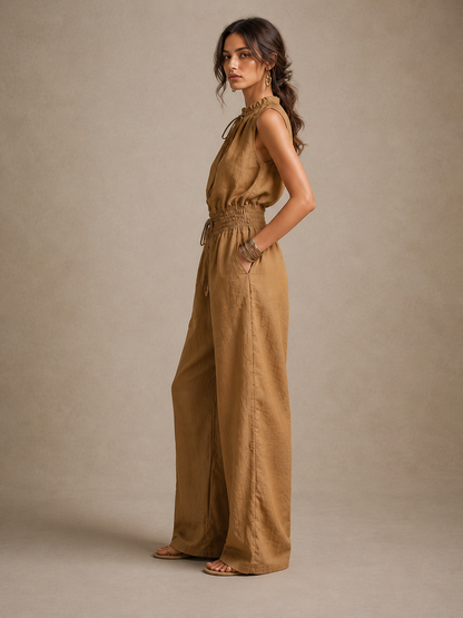 Zenaide | Mono Camel con Escote Alto Anudado y Pierna Ancha
