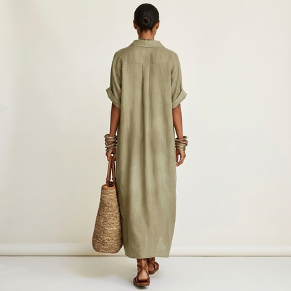 Aitana | Vestido Camisero Maxi con Cuello Contraste, Botones y Manga Corta