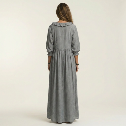 Paloma | Vestido Maxi de Rayas con Escote en V de Volantes y Manga Farol