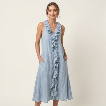 Violeta | Vestido Maxi en Lino sin Mangas con Escote en V y Volante Frontal