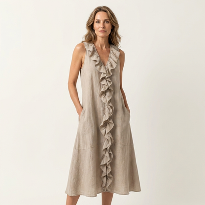 Violeta | Vestido Maxi en Lino sin Mangas con Escote en V y Volante Frontal