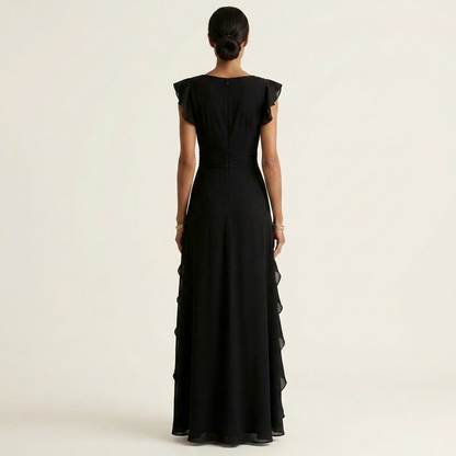Celeste | Vestido Maxi Cruzado con Escote en V, Manga Mariposa y Volante Cascada