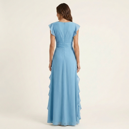 Celeste | Vestido Maxi Cruzado con Escote en V, Manga Mariposa y Volante Cascada