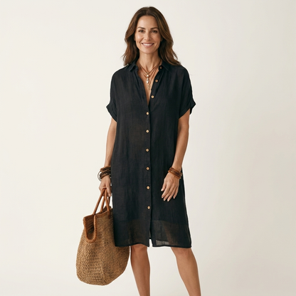 Florencia | Vestido Camisero Midi en Algodón y Lino con Puños Remangados